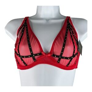 Frederick's Of Hollywood Women's 34DD Red Rozlyn Mesh and Stud Red Black Set Bra